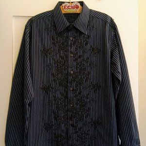191 Unlimited Embroidered Button Down Long Sleeve Black Striped Cotton Shirt